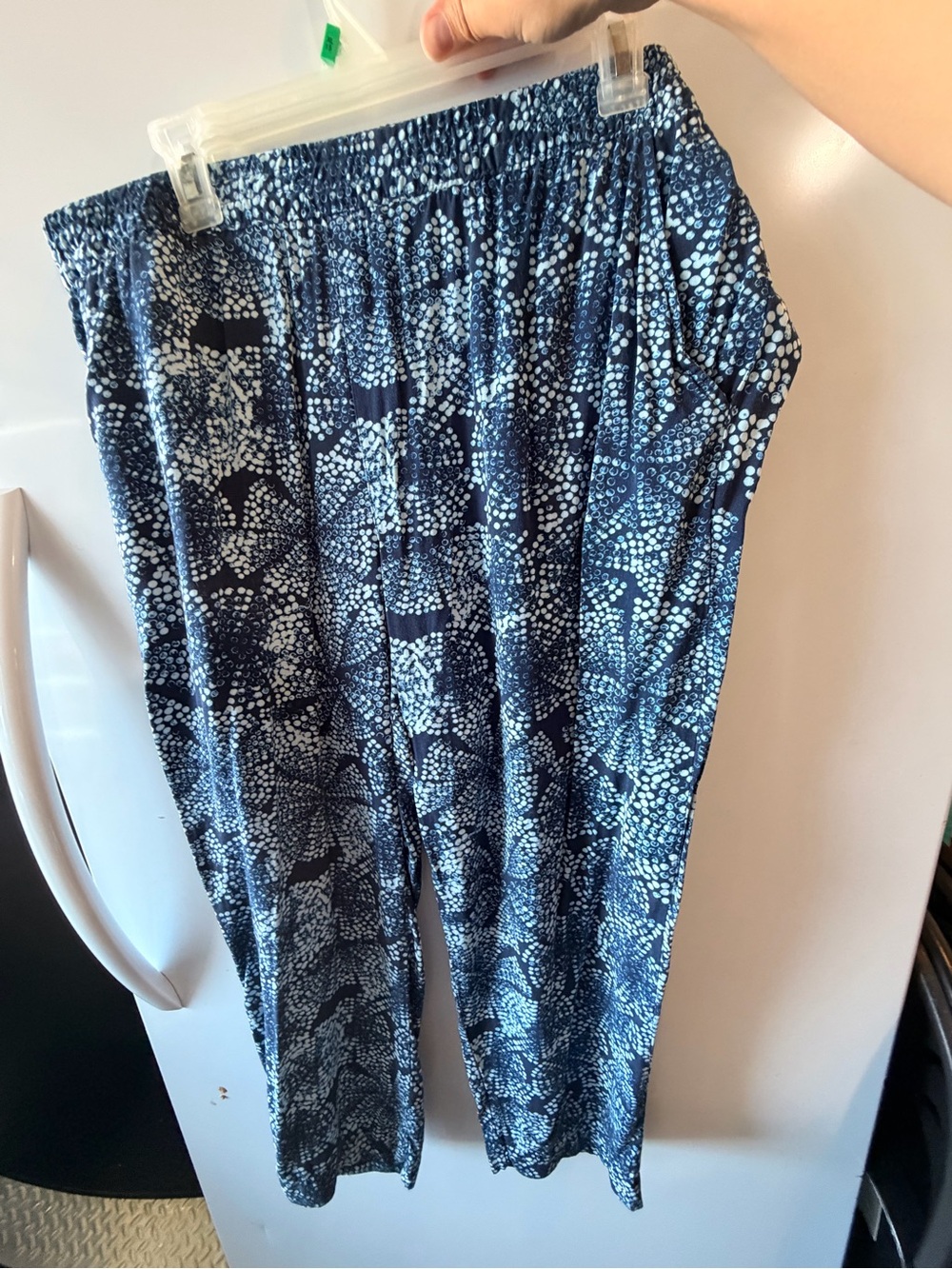 Vintage America Navy Blue White Printed Elastic Waist Wide Leg Capris